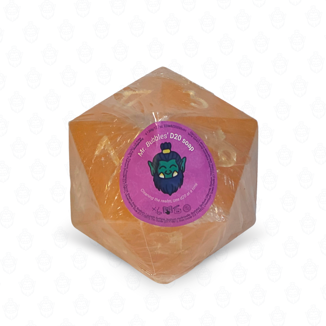 D20 oversized soap with dice set inside | Orange Spots (defective goods)